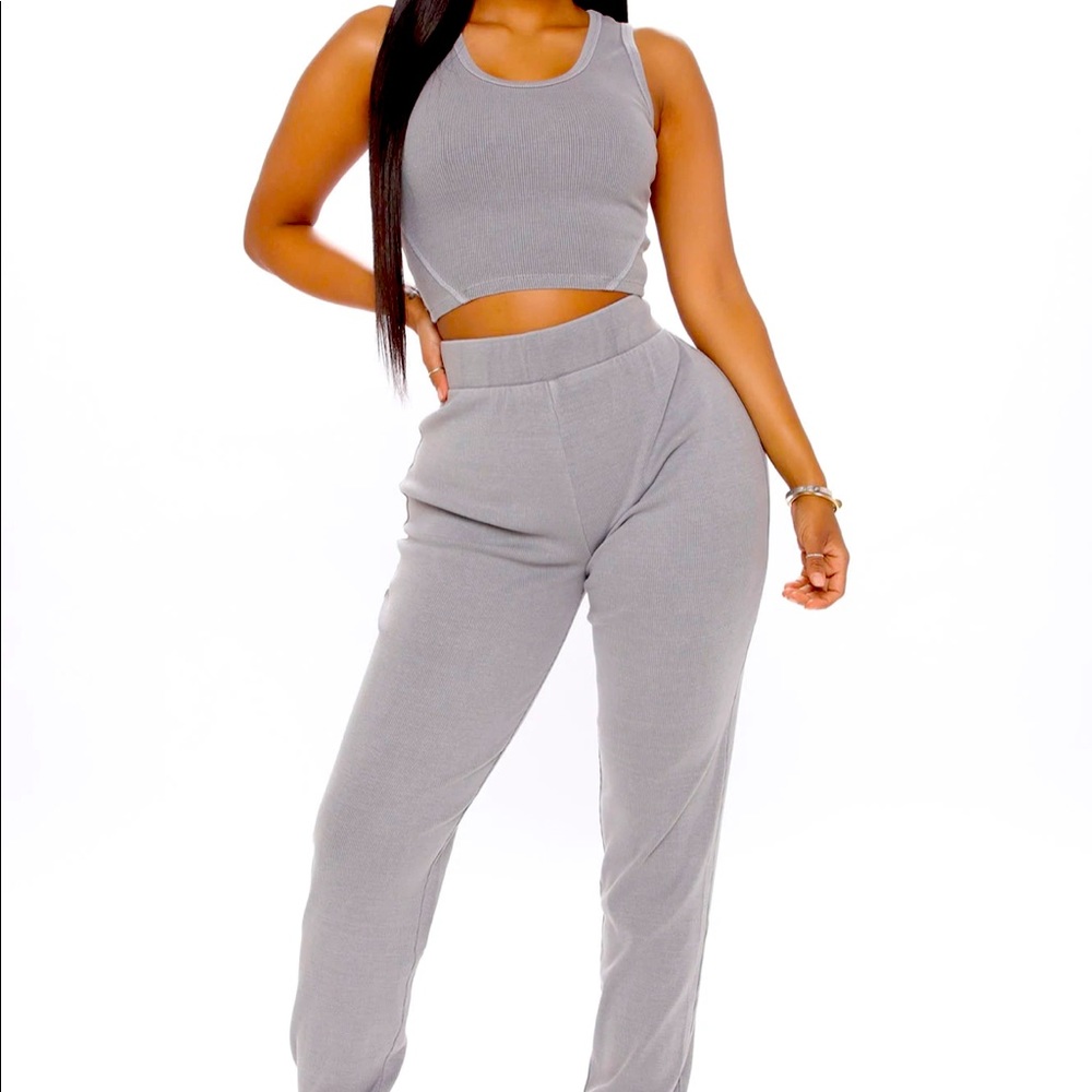 ova Lounging 2 Piece Ribbed Jogger Set - Grey Mineral Wash